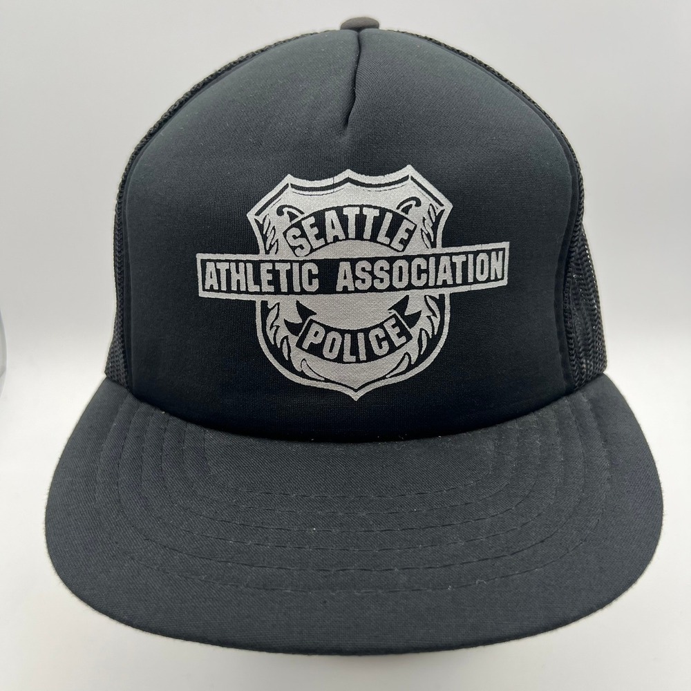 Vintage Seattle Athletic Association Police Black Trucker Hat Snapback‎ Cap 80s